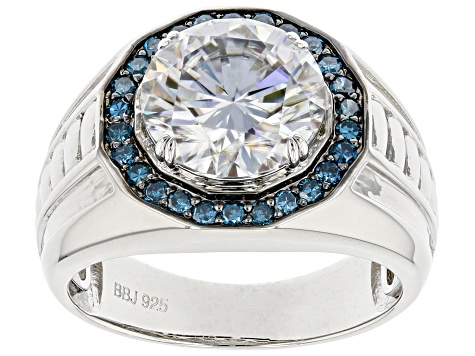 Moissanite and blue diamond Platineve mens ring 4.20 DEW
