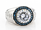 Moissanite and blue diamond Platineve mens ring 4.20 DEW