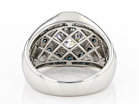 Moissanite and blue diamond Platineve mens ring 4.20 DEW