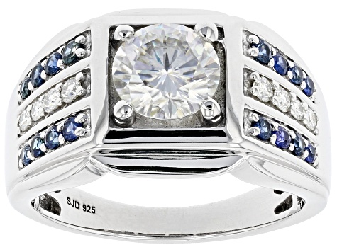 Moissanite and blue sapphire platineve mens ring 2.10ctw DEW.