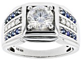 Moissanite and blue sapphire platineve mens ring 2.10ctw DEW.