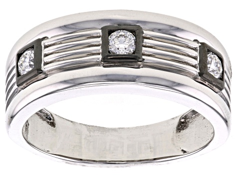 Moissanite platineve and black rhodium over silver men's ring .30ctw DEW.