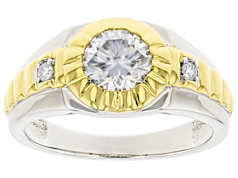 Moissanite platineve and 14k yellow gold over sterling silver mens ring 1.26ctw DEW.