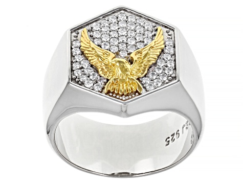 Moissanite platineve and 14k yellow gold over sterling silver mens eagle ring .55ctw DEW