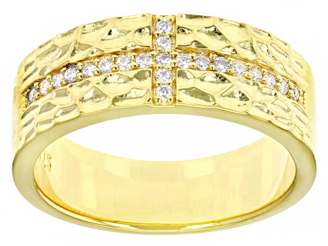 Moissanite platineve and 14k yellow gold over sterling silver mens cross band ring .21ctw DEW