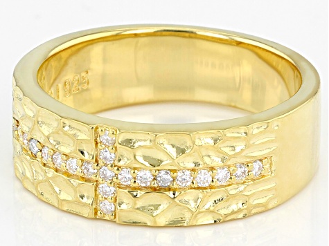 Moissanite platineve and 14k yellow gold over sterling silver mens cross band ring .21ctw DEW