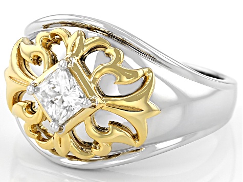 Moissanite platineve and 14k yellow gold over sterling silver mens ring .80ct DEW.