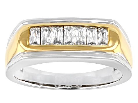 Moissanite platineve and 14k yellow gold over sterling silver mens ring .63ctw DEW.