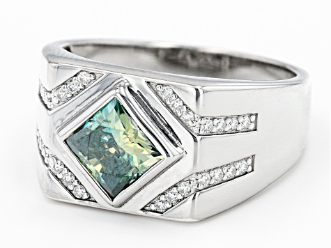 Green and colorless moissanite platineve mens ring 2.38ctw DEW.