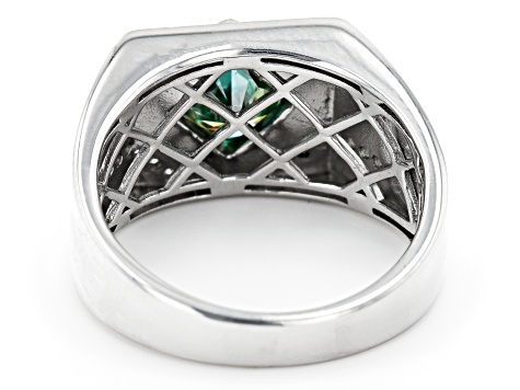 Green and colorless moissanite platineve mens ring 2.38ctw DEW.