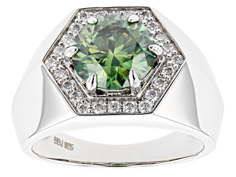 Green And Colorless Moissanite Platineve Mens Ring 3.58ctw DEW.