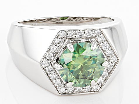 Green And Colorless Moissanite Platineve Mens Ring 3.58ctw DEW.
