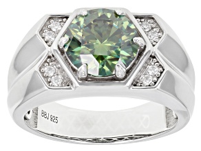 Green And Colorless Moissanite Platineve Mens Ring 3.26ctw DEW.