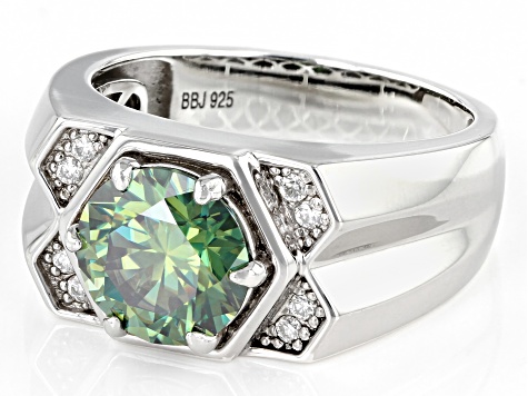 Green And Colorless Moissanite Platineve Mens Ring 3.26ctw DEW.