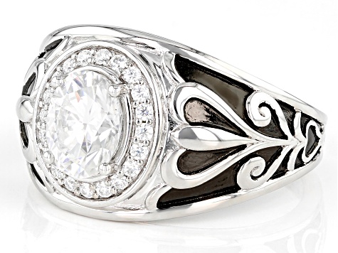 Moissanite platineve and black rhodium over silver men's ring 2.50ctw DEW.