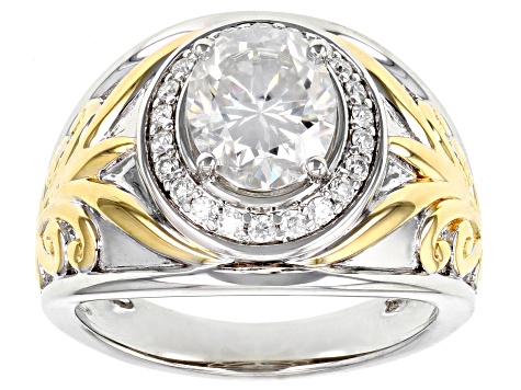 Moissanite platineve and 14k yellow gold over silver men's ring 3.44ctw DEW.