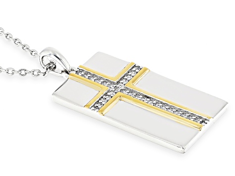 Moissanite Platineve And 14k Yellow Gold Over Silver Cross Dog Tag Pendant .30ctw D.E.W
