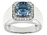 Blue And Colorless Moissanite Platineve Mens Ring 3.88ctw DEW.