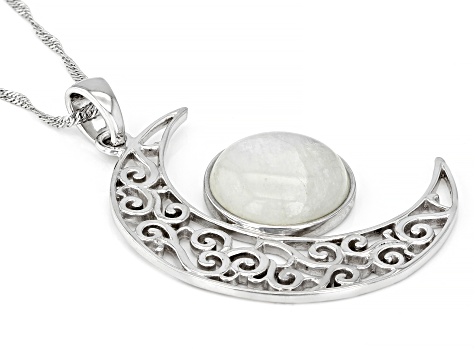 Rainbow Moonstone Rhodium Over Silver Crescent Moon Pendant With 18" Chain