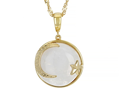 Rainbow Moonstone 18K Yellow Gold Over Sterling Silver Moon & Star Pendant With 18" Chain