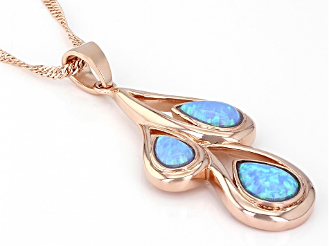 Blue Lab Created Opal 18K Rose Gold Over Silver Rain Drop Pendant With 18" Chain