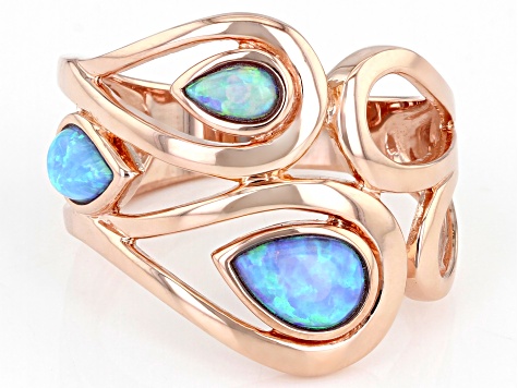 Blue Lab Created Opal 18K Rose Gold Over Silver Rain Drop Ring