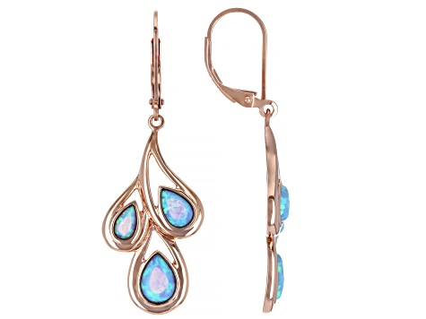 Blue Lab Created Opal 18K Rose Gold Over Silver Rain Drop Earrings