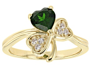Chrome Diopside and White Zircon 18K Yellow Gold Over Silver Shamrock Ring 0.89ctw