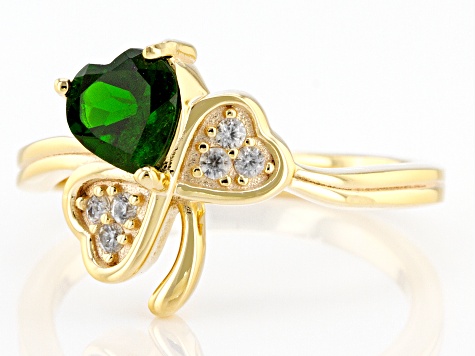 Chrome Diopside and White Zircon 18K Yellow Gold Over Silver Shamrock Ring 0.89ctw