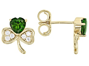 Chrome Diopside and White Zircon 18K Yellow Gold Over Silver Shamrock Earrings 1.09ctw