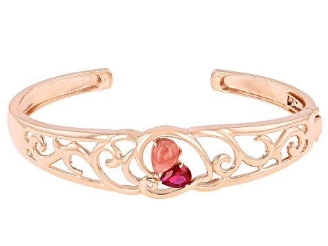 Pink Rhodochrosite & Lab Ruby 18K Rose Gold Over Silver Cuff Bracelet 1.00ct
