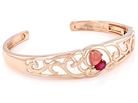 Pink Rhodochrosite & Lab Ruby 18K Rose Gold Over Silver Cuff Bracelet 1.00ct