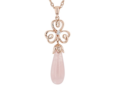 Rose Quartz and White Zircon 18K Rose Gold Over Silver Shamrock Pendant