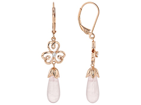 Rose Quartz and White Zircon 18K Rose Gold Over Silver Shamrock Earrings