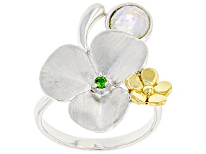 Rainbow Moonstone & Chrome Diopside Rhodium & 18K Yellow Gold Over Silver Ring 0.04ctw