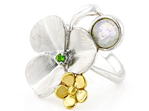 Rainbow Moonstone & Chrome Diopside Rhodium & 18K Yellow Gold Over Silver Ring 0.04ctw