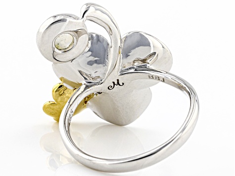Rainbow Moonstone & Chrome Diopside Rhodium & 18K Yellow Gold Over Silver Ring 0.04ctw