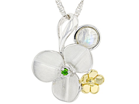 Rainbow Moonstone & Chrome Diopside Rhodium & 18K Yellow Gold Over Silver Pendant