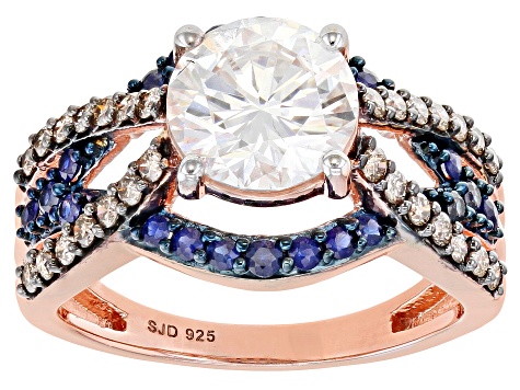 Moissanite with champagne diamond and blue sapphire 14k rose gold over silver ring 1.90ct DEW.