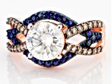Moissanite with champagne diamond and blue sapphire 14k rose gold over silver ring 1.90ct DEW.