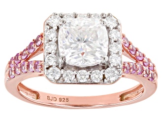 Moissanite and pink sapphire 14k rose gold over silver ring 1.66ctw DEW.