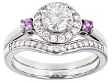Moissanite and pink sapphire platineve ring with band 1.27ctw DEW.