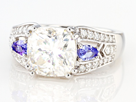 Moissanite And Tanzanite Platineve Ring 3.80ctw DEW.