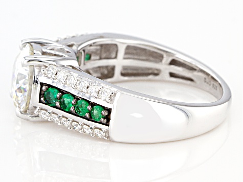 Moissanite and Zambian emerald Platineve ring 2.14ctw DEW.