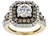 Moissanite And Champagne Diamond 14k Yellow Gold Over Silver Ring 1.76 DEW.