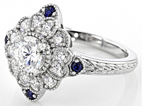 Moissanite And Blue Sapphire Platineve Ring 1.16ctw DEW.