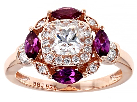 Moissanite and grape color garnet 14k rose gold over silver ring 1.12ctw DEW.