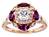 Moissanite and grape color garnet 14k rose gold over silver ring 1.12ctw DEW.