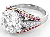 Moissanite And Pink Sapphire Platineve Ring 6.33ctw DEW.