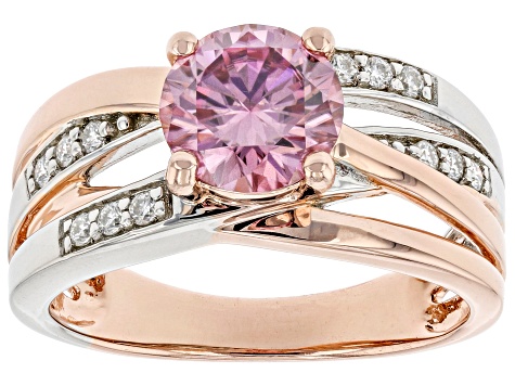 Pink and colorless moissanite 14k rose gold and  platineve over silver two tone ring 1.62ctw DEW